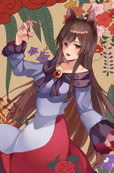 Rule 34 | 1girl, absurdres, animal ears, breasts, brown hair, dress, fingernails, grey dress, highres, imaizumi kagerou, koizumo, long fingernails, long hair, long sleeves, looking at viewer, medium breasts, multicolored clothes, multicolored dress, nail polish, open mouth, red dress, red eyes, red nails, sharp fingernails, solo, touhou, wide sleeves, wolf ears