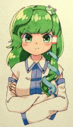 Rule 34 | 1girl, absurdres, blunt bangs, commentary request, crossed arms, detached sleeves, fingernails, frog hair ornament, green eyes, green hair, hair ornament, highres, kochiya sanae, long hair, long sleeves, looking at viewer, partial commentary, pout, sasa kichi, solo, touhou, traditional media, upper body