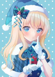 Rule 34 | 1girl, aqua background, aqua bow, aqua capelet, aqua dress, aqua eyes, aqua hat, aqua santa costume, aqua theme, blonde hair, blush, bow, capelet, christmas, commentary, commission, dress, english commentary, fur-trimmed capelet, fur trim, gift, gloves, gogat8, hat, hat bow, heart, heart necklace, holding, holding gift, holly hat ornament, index finger raised, jewelry, long hair, looking at viewer, mixed-language commentary, necklace, original, parted lips, plaid capelet, polka dot, polka dot background, santa hat, skeb commission, solo, upper body, white gloves
