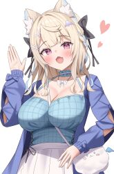 1girl absurdres animal_ear_fluff animal_ears bag between_breasts black_bow blonde_hair blue_choker blue_hair blue_jacket blue_shirt blush bow breasts choker cleavage dog_ears dog_girl fang frilled_choker frills fuwawa_abyssgard fuwawa_abyssgard_(casual) hair_bow hair_ornament hairpin handbag heart highres hololive hololive_english jacket kumoru_(kumoru_145) large_breasts multicolored_hair official_alternate_costume official_alternate_hairstyle open_mouth pink_eyes shirt skin_fang skirt smile solo strap_between_breasts streaked_hair virtual_youtuber white_background white_bag white_skirt x_hair_ornament