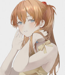 Rule 34 | 1girl, bare arms, bare shoulders, blue eyes, bow, breasts, hands in hair, highres, jenmin12, long hair, looking at viewer, neon genesis evangelion, orange hair, parted lips, simple background, small breasts, solo, souryuu asuka langley, upper body, white background, yellow bow
