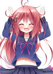 Rule 34 | 10s, 1girl, ^ ^, ahoge, blush, closed eyes, crescent, crescent hair ornament, esureki, fang, hair ornament, hair ribbon, kantai collection, long hair, navel, open mouth, personification, petite, red hair, ribbon, school uniform, simple background, skirt, solo, uzuki (kancolle), white background