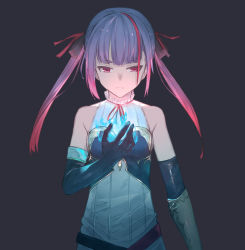 Rule 34 | 1girl, bad id, bad pixiv id, black background, blue fire, blunt bangs, collar, commentary request, dress, elbow gloves, fire, frilled collar, frills, gauntlets, gloves, hair ribbon, highres, live union, long hair, multicolored hair, neck ribbon, official art, red eyes, red ribbon, ribbon, ruri enma (live union), sidelocks, simple background, single gauntlet, sleeveless, sleeveless dress, solo, streaked hair, twintails, virtual youtuber, watori re