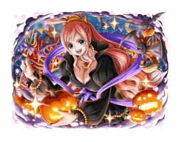 Rule 34 | 1girl, bat (animal), blue eyes, fish hair ornament, hair ornament, halloween, jack-o&#039;-lantern, jewelry, long hair, necklace, official art, one piece, one piece treasure cruise, open mouth, pearl necklace, pink hair, polearm, shirahoshi, teeth, trident, weapon