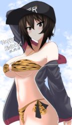 Rule 34 | 1girl, absurdres, aikir (jml5160), animal print, bikini, blush, breasts, brown eyes, brown hair, cleavage, closed mouth, collarbone, dated, girls und panzer, happy birthday, hat, highres, jacket, large breasts, looking at viewer, nishizumi maho, short hair, side-tie bikini bottom, sky, solo, swimsuit, tiger print, track jacket