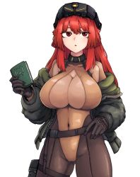 Rule 34 | 1girl, bodysuit, breast strap, breasts, formicid, gloves, goggles, goggles on head, highres, hime cut, huge breasts, jacket, last origin, leprechaun (last origin), long hair, looking away, mole, mole under eye, navel, pantyhose, red eyes, red hair, simple background, skindentation, solo, sweatdrop, white background