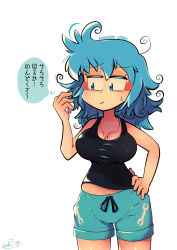 Rule 34 | 1girl, blue eyes, blue hair, blue shorts, breasts, carte, character name, hair down, highres, kawashiro nitori, key, large breasts, medium hair, shorts, signature, simple background, solo, tank top, touhou, translation request, white background
