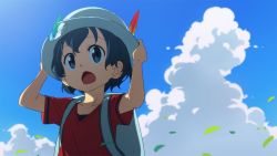 Rule 34 | 10s, 1girl, :o, anime coloring, backpack, bag, black eyes, black hair, blue sky, bucket hat, cloud, day, grey hat, hands on headwear, hands up, hat, hat feather, kaban (kemono friends), kemono friends, looking at viewer, outdoors, red shirt, shirt, short hair, short sleeves, sky, solo, tomato (lsj44867), upper body