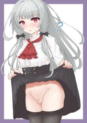 Rule 34 | 1girl, bar censor, black bow, black skirt, black thighhighs, blouse, bottomless, bow, breasts, censored, clothes lift, confused, cowboy shot, drooling, empty eyes, female focus, female pubic hair, frilled shirt, frills, garagarajp, grey hair, hair bow, high-waist skirt, highres, legs together, lifting own clothes, long hair, long sleeves, looking at viewer, mind control, neckerchief, no panties, open mouth, petite, pubic hair, purple background, red eyes, red neckerchief, saliva, shirt, simple background, skirt, skirt lift, small breasts, solo, sophie twilight, standing, thighhighs, tonari no kyuuketsuki-san, two-tone background, vampire, white background, white shirt