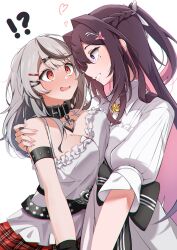 Rule 34 | !?, 2girls, arm around shoulder, arm strap, asymmetrical docking, azki (4th costume) (hololive), azki (hololive), belt, black belt, black bow, black collar, black hair, blush, bow, braid, breast press, breasts, brown hair, camisole, cleavage, collar, colored inner hair, commentary, cowboy shot, cowlick, dancing, dress, flower, french braid, frilled camisole, frills, grey hair, hair flower, hair ornament, hairclip, heart, heart belt, heart collar, highres, holding hands, hololive, large bow, long hair, looking at another, medium breasts, mole, mole under eye, multicolored hair, multiple girls, official alternate costume, open mouth, parted lips, pink hair, plaid, plaid skirt, ponytail, purple eyes, red eyes, red skirt, sakamata chloe, sakamata chloe (1st costume), simple background, skirt, sleeveless, small breasts, smile, standing, streaked hair, studded belt, two-tone hair, virtual youtuber, white background, white camisole, white dress, x hair ornament, yamaki (yamaki801), yuri