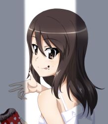 Rule 34 | 1girl, blush, brown eyes, brown hair, chocolate, girls und panzer, highres, key (gaigaigai123), long hair, looking at viewer, looking back, mika (girls und panzer), shiny skin, smile, solo, tongue, tongue out, upper body