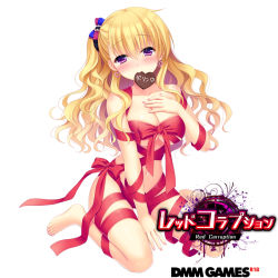 Rule 34 | 1girl, barefoot, between legs, blonde hair, blush, bow, breasts, candy, character name, chocolate, chocolate heart, cleavage, closed mouth, collarbone, commentary request, copyright name, curly hair, earrings, feet, fingernails, food, hagino kouta, hair between eyes, hair bow, hand between legs, hand on own chest, heart, heart earrings, jewelry, large breasts, long hair, looking at viewer, luise (red corruption), mouth hold, nail polish, naked ribbon, navel, official art, polka dot, polka dot bow, purple eyes, purple nails, red bow, red corruption, red ribbon, ribbon, simple background, smile, solo, toenails, translation request, very long hair, white background