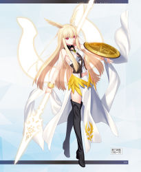 Rule 34 | 1girl, bare shoulders, black footwear, blonde hair, boots, breasts, bright pupils, closed mouth, fate/grand order, fate (series), full body, head wings, highres, holding, holding shield, holding weapon, knee boots, long hair, looking at viewer, medium breasts, pelvic curtain, polearm, red eyes, shield, simple background, solo, spear, standing, takeuchi takashi, thrud (fate), valkyrie (fate), weapon, white background, white pupils, wings