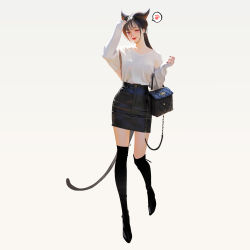 Rule 34 | 1girl, ;), absurdres, animal ears, bag, black skirt, boots, brown eyes, brown hair, cat ears, cat girl, cat tail, closed mouth, copyright request, handbag, highres, lipstick, long sleeves, looking at viewer, makeup, miniskirt, one eye closed, pencil skirt, shirt, shoes, simple background, skirt, sleeves past wrists, smile, spoken paw, tail, thigh boots, thighhighs, white background, white shirt, wonbin lee