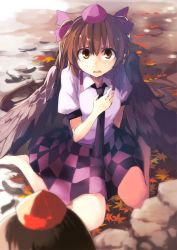 Rule 34 | 2girls, autumn leaves, barefoot, black neckwear, blush, brown eyes, brown hair, checkered clothes, checkered skirt, collaboration, commentary request, hair ribbon, hat, himekaidou hatate, kamukamu (ars), ken (coffee michikusa), leaf, long hair, looking at viewer, maple leaf, multiple girls, necktie, parted lips, pointy ears, puffy short sleeves, puffy sleeves, purple ribbon, ribbon, shameimaru aya, shirt, short sleeves, sitting, skirt, solo focus, tears, teeth, tokin hat, touhou, twintails, white shirt