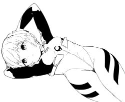 Rule 34 | 1girl, aged down, arms up, ayanami rei, bodysuit, breasts, closed mouth, expressionless, female focus, hair ornament, lying, monochrome, neon genesis evangelion, on side, plugsuit, satsuyo, short hair, small breasts, solo