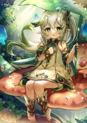 Rule 34 | 1girl, bracelet, cape, child, commentary request, cross-shaped pupils, detached sleeves, dress, genshin impact, gradient hair, green cape, green eyes, green hair, guzangnanfeng, hair ornament, highres, jewelry, leaf hair ornament, leaf umbrella, long hair, multicolored hair, mushroom, nahida (genshin impact), open mouth, pointy ears, sitting, solo, symbol-shaped pupils, toeless footwear, white dress, white footwear, white hair