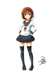 Rule 34 | black thighhighs, blue skirt, brown footwear, brown hair, hair ornament, hairclip, hands on own hips, highres, ikazuchi (kancolle), kantai collection, loafers, looking at viewer, neckerchief, pleated skirt, red neckerchief, school uniform, serafuku, shoes, short hair, signature, simple background, skirt, smile, solo, thighhighs, white background, yua (checkmate)