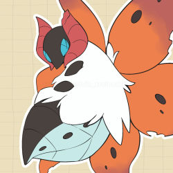 Rule 34 | animal focus, blue eyes, bug, commentary, creatures (company), game freak, gen 5 pokemon, grid background, insect, kelvin-trainerk, looking at viewer, moth, nintendo, no humans, outline, pokemon, pokemon (creature), solo, twitter username, volcarona, watermark, white fur, yellow background