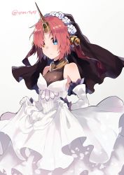 Rule 34 | 1girl, bad id, bad twitter id, blue eyes, blush, breasts, cleavage, closed mouth, commentary request, dress, fate/apocrypha, fate (series), flower, frankenstein&#039;s monster (fate), gloves, hair flower, hair ornament, hair over eyes, headgear, heterochromia, highres, horns, ikeuchi tanuma, long dress, looking at viewer, medium breasts, parted bangs, red hair, rose, see-through, see-through cleavage, short hair, single horn, skirt hold, solo, standing, twitter username, veil, wedding dress, white dress, white flower, white gloves, white rose, yellow eyes