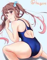 Rule 34 | 1girl, absurdres, aqua background, asagumo (kancolle), ass, blue one-piece swimsuit, brown hair, chiaki (haigore), commentary request, competition swimsuit, embarrassed, from behind, hair ribbon, highres, kantai collection, long hair, looking at viewer, looking back, one-hour drawing challenge, one-piece swimsuit, ribbon, grey eyes, simple background, sitting, solo, swimsuit, twintails, twitter username, wariza