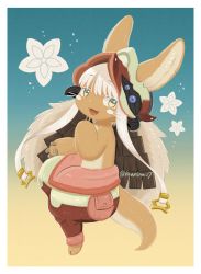 Rule 34 | 1other, :3, animal ears, artist name, bad id, bad twitter id, blue background, blush, flower, full body, furry, gradient background, green eyes, highres, kawasemi27, looking at viewer, made in abyss, nanachi (made in abyss), simple background, smile, tail, twitter username, white hair, yellow background
