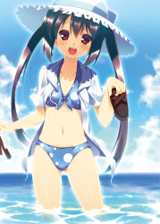 Rule 34 | 1girl, :d, bikini, black hair, blue bikini, blush, cloud, collarbone, day, front-tie top, hat, highres, holding, holding shoes, hoppege, jacket, jacket over swimsuit, k-on!, lens flare, long hair, nakano azusa, navel, ocean, open clothes, open mouth, polka dot, polka dot bikini, polka dot swimsuit, red eyes, round teeth, shoes, sky, smile, solo, submerged, sun hat, swimsuit, teeth, twintails, upper teeth only, very long hair, wading, water