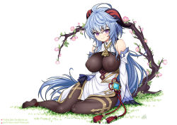 Rule 34 | 1girl, ahoge, arm support, artist name, bare shoulders, bell, black gloves, black legwear, blue hair, blush, breasts, chinese knot, covered erect nipples, curled horns, detached sleeves, flower, flower knot, ganyu (genshin impact), genshin impact, gloves, gold trim, horns, large breasts, long hair, looking at viewer, neck bell, nipples, no shoes, purple eyes, see-through, sidelocks, sitting, smile, solo, takejun, tassel, thighlet, very long hair, vision (genshin impact), white sleeves, yokozuwari