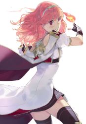 Rule 34 | 1girl, aisutabetao, cape, celica (fire emblem), dress, fingerless gloves, fire, fire emblem, fire emblem echoes: shadows of valentia, gloves, hairband, highres, looking to the side, nintendo, red eyes, red hair, thighhighs, wavy hair, white background, white dress