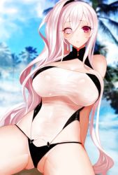 Rule 34 | 1girl, apt, arm support, bare arms, bare shoulders, blurry, blush, breasts, cleavage, cleavage cutout, clothing cutout, coconut tree, day, depth of field, gluteal fold, hair between eyes, heterochromia, kuroda kanbee (sengoku bushouki muramasa), large breasts, long hair, looking at viewer, one-piece swimsuit, outdoors, palm tree, parted lips, purple eyes, sengoku bushouki muramasa, side ponytail, grey eyes, silver hair, sitting, solo, spread legs, swimsuit, tree, very long hair