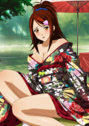 Rule 34 | 1girl, bachou mouki, black kimono, blue scrunchie, blush, breasts, brown eyes, brown hair, cleavage, collarbone, day, floral print, hair ornament, hair scrunchie, hairclip, high ponytail, ikkitousen, japanese clothes, kimono, long hair, looking at viewer, medium breasts, off shoulder, open mouth, outdoors, print kimono, scrunchie, shiny skin, short kimono, sitting, solo, swept bangs