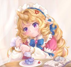 Rule 34 | 1girl, :&lt;, anger vein, artist name, blonde hair, blue bow, blue bowtie, blush, book, bow, bowtie, cafe cuties soraka, detached sleeves, food, gem, grey background, highres, holding, horns, kureko0w0, league of legends, long sleeves, maid, maid headdress, open book, pink eyes, pointy ears, single horn, solo, soraka (league of legends), table, translation request, upper body
