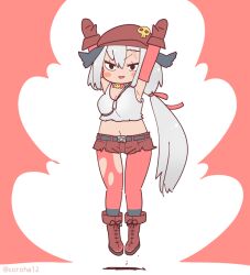 Rule 34 | 1girl, arms up, belt, boots, choker, coroha, elbow gloves, full body, giroro, gloves, grey hair, hat, jumping, kemono friends, kemono friends 3, keroro gunsou, long hair, looking at viewer, navel, red background, ribbon, shorts, simple background, skull, solo, tank top, thighhighs