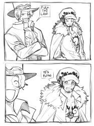 Rule 34 | !, 2boys, blush, cape, chest tattoo, closed eyes, comic, crossed arms, english text, fur cape, fur hat, hat, highres, looking at another, multiple boys, one piece, open mouth, sabo (one piece), shirt, short hair, speech bubble, surprised, tattoo, top hat, trafalgar law, xve009, yaoi