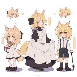 Rule 34 | 3girls, aged down, animal ear fluff, animal ears, apron, arknights, aunt and niece, black legwear, blemishine (arknights), blonde hair, blue eyes, blush, blush stickers, book, brown footwear, commentary request, hair between eyes, heart, highres, holding, holding book, holding clothes, holding skirt, holding weapon, horse ears, horse girl, horse tail, kyou 039, long hair, long sleeves, looking at viewer, maid, maid apron, multiple girls, nearl (arknights), necktie, orange eyes, orange neckwear, ponytail, shorts, siblings, sidelocks, simple background, sisters, skirt, smile, socks, suspender shorts, suspenders, tail, translation request, twitter username, weapon, whislash (arknights), white background, white legwear, yellow tail