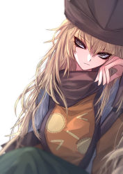 Rule 34 | 33 gaff, absurdres, blonde hair, blouse, brown hat, constellation, hair between eyes, hand on own cheek, hand on own face, hat, head on hand, highres, matara okina, orange eyes, shirt, simple background, skirt, solo, sun, tabard, touhou, white background, white shirt