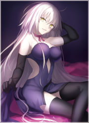 Rule 34 | 1girl, arm up, bare shoulders, black gloves, black thighhighs, border, breasts, choker, clothes lift, cropped, crossed legs, dress, dress lift, elbow gloves, fate/grand order, fate (series), gloves, hair between eyes, head tilt, highres, indoors, jeanne d&#039;arc (fate), jeanne d&#039;arc alter (avenger) (fate), jeanne d&#039;arc alter (fate), large breasts, long hair, looking at viewer, official alternate costume, petals, purple dress, ribbon choker, sitting, smile, solo, strapless, strapless dress, thighhighs, very long hair, wowishi, yellow eyes