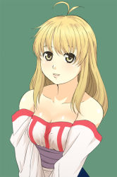 Rule 34 | 1girl, antenna hair, arc the lad, arc the lad ii, bare shoulders, blonde hair, breasts, brown eyes, cleavage, commentary request, dress, green background, lieza (arc the lad), lips, long hair, looking at viewer, medium breasts, parted lips, shimura (hosshi), simple background, smile, solo, upper body, white dress