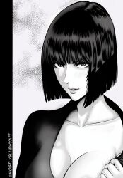 Rule 34 | 1girl, black hair, blunt bangs, blush, breasts, cleavage, collarbone, fubuki (one-punch man), greyscale, highres, large breasts, light blush, lips, looking at viewer, monochrome, mostlybluewyatt, one-punch man, parody, parted lips, prison school, short hair, simple background, solo, style parody, twitter username, undressing