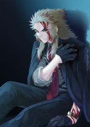 Rule 34 | 1boy, against wall, black gloves, black jacket, black pants, blonde hair, blood, blood on clothes, blood on face, brown hair, closed mouth, collared shirt, forked eyebrows, frown, gloves, highres, injury, jacket, jacket on shoulders, kimetsu no yaiba, long hair, multicolored hair, necktie, pants, red necktie, remsor076, rengoku kyoujurou, shirt, sitting, solo, sweatdrop, twitter username, two-tone hair, watch, white shirt, wing collar, wristwatch, yellow eyes