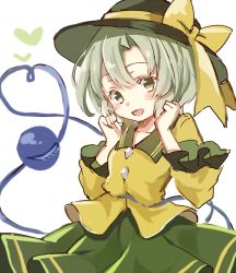 Rule 34 | 1girl, :d, black hat, blouse, blush, bow, buttons, cowboy shot, diamond button, eyeball, frilled shirt collar, frilled sleeves, frills, green eyes, green hair, green skirt, hair between eyes, hands up, hat, hat bow, hat ribbon, heart, heart of string, komeiji koishi, long sleeves, looking at viewer, medium hair, open mouth, paragasu (parags112), ribbon, shirt, simple background, skirt, smile, solo, third eye, touhou, wavy hair, white background, wide sleeves, yellow bow, yellow ribbon, yellow shirt