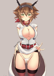 Rule 34 | 1girl, alternate costume, anchor, belt, belt buckle, blouse, breasts, brown hair, buckle, clothes lift, cosplay, cowboy shot, dated, dress, dress lift, flipped hair, frontal wedgie, garter straps, gluteal fold, green eyes, grey background, headgear, highres, kantai collection, kuga zankurou, large breasts, looking at viewer, mutsu (kancolle), neckerchief, open clothes, open shirt, panties, panty pull, red belt, red neckerchief, red thighhighs, saratoga (kancolle), saratoga (kancolle) (cosplay), shirt, short hair, short sleeves, simple background, sketch, solo, thighhighs, twitter username, underwear, upper body, v, wedgie, white dress, white panties, white shirt