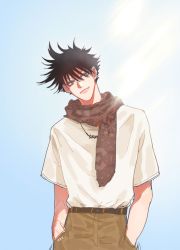 Rule 34 | 1boy, belt, breto91932828, brown pants, closed mouth, fushiguro megumi, green eyes, hair between eyes, hands in pockets, head tilt, implied yaoi, jewelry, jujutsu kaisen, male focus, necklace, outdoors, pants, scarf, shirt, short hair, smile, solo, spiked hair, sunlight, white shirt