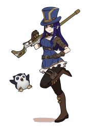 Rule 34 | 1girl, absurdres, arcane: league of legends, bad id, bad pixiv id, bird, blue hair, blue headwear, boots, breasts, brown gloves, brown pants, caitlyn (league of legends), closed mouth, gloves, grey background, gun, hand up, hat, highres, knee boots, league of legends, long hair, looking at viewer, medium breasts, open mouth, pants, pantyhose, penguin, rifle, short sleeves, simple background, smile, standing, standing on one leg, weapon, white background, zepaloc