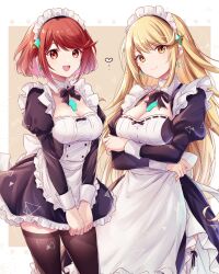 Rule 34 | 2girls, alternate costume, apron, black dress, black ribbon, black thighhighs, blonde hair, breasts, chest jewel, cleavage, closed mouth, commentary request, core crystal (xenoblade), crossed arms, dress, enmaided, highres, juliet sleeves, large breasts, long hair, long sleeves, looking at viewer, maid, maid apron, maid headdress, medium breasts, multiple girls, mythra (xenoblade), neck ribbon, open mouth, puffy sleeves, pyra (xenoblade), red eyes, red hair, ribbon, short hair, smile, swept bangs, thighhighs, ui frara, white apron, xenoblade chronicles (series), xenoblade chronicles 2, yellow eyes