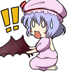 Rule 34 | !, !!, 0 0, 1girl, bat wings, blank eyes, blush stickers, d:, d:&lt;, detached wings, fang, female focus, hat, looking at viewer, lowres, open mouth, puffy short sleeves, puffy sleeves, remilia scarlet, short sleeves, simple background, sitting, solo, sweatdrop, touhou, v-shaped eyebrows, white background, wings