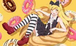 Rule 34 | 1girl, absurdres, bare shoulders, black bow, black dress, black thighhighs, blonde hair, blush, bow, commentary request, doughnut, dress, eyebrows hidden by hair, flat chest, food, food on face, frilled dress, frills, full body, hair bow, highres, long hair, looking at viewer, monogatari (series), motchi001, open mouth, oshino shinobu, oversized food, oversized object, red footwear, sitting, smile, solo, thighhighs, two-tone legwear, white thighhighs, yellow background, yellow eyes