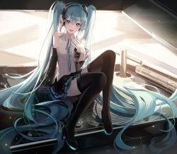Rule 34 | 1girl, :d, absurdly long hair, absurdres, arm support, bare shoulders, black footwear, black skirt, black sleeves, black thighhighs, blue eyes, blue hair, blue necktie, blush, buri (retty9349), commentary request, detached sleeves, hand on own chest, hatsune miku, hatsune miku (nt), headphones, high heels, highres, knees up, long hair, long sleeves, looking at viewer, miniskirt, music box, necktie, open mouth, shirt, sitting, skirt, smile, solo, thighhighs, twintails, very long hair, vocaloid, white shirt, wide sleeves