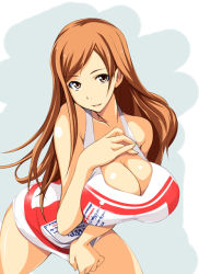 Rule 34 | 1girl, bare shoulders, breasts, brown eyes, brown hair, cleavage, female focus, gengoroh, large breasts, leaning forward, long hair, looking at viewer, open mouth, shining (series), shining wind, simple background, smile, solo, touka kureha