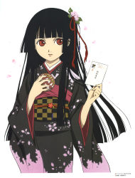 Rule 34 | 1girl, absurdres, artbook, ball, bell, black hair, checkered sash, enma ai, envelope, expressionless, floral print, flower, hair flower, hair ornament, highres, hime cut, holding, iizuka haruko, japanese clothes, jigoku shoujo, kimono, lips, long hair, long sleeves, looking to the side, obi, petals, red eyes, sash, scan, solo, temari ball, translation request, white background, wide sleeves